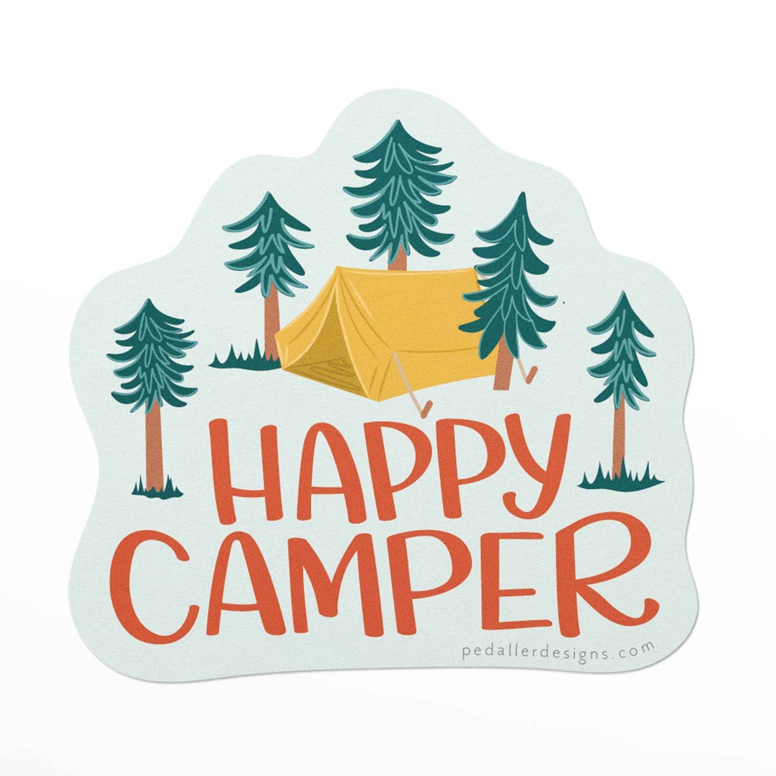 Sticker featuring an illustration of a yellow tent surrounded by some trees on a light green background. The text 'Happy Camper' is printed under the image.
