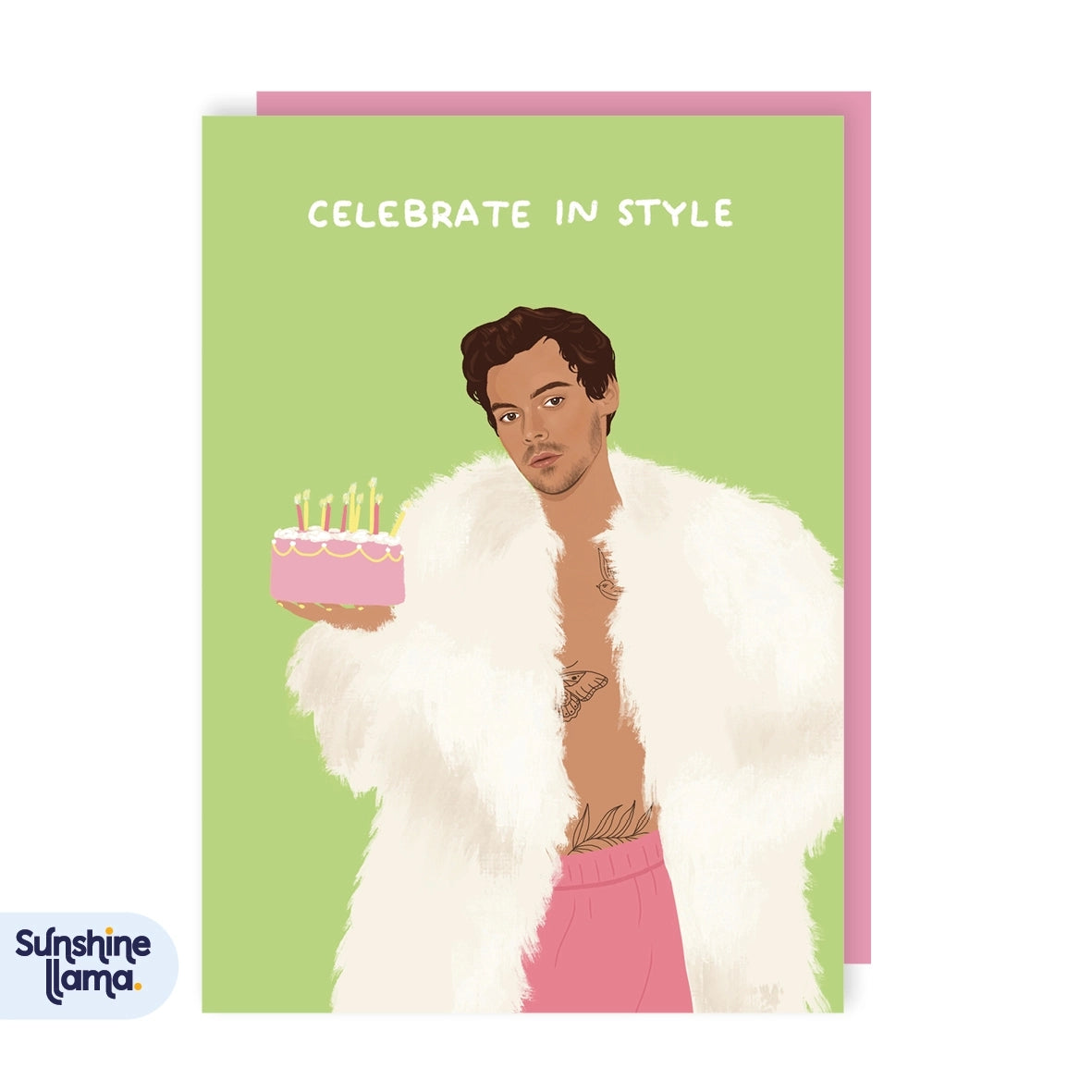 Greeting card featuring an illustration of the music artist Harry Styles wearing a white fur coat and holding a cake, with 'Celebrate in Style' text on a green background.