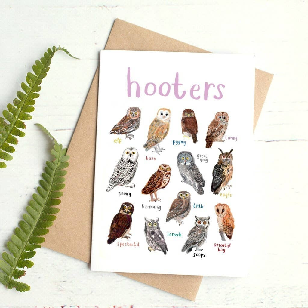 Greeting card featuring illustrations of owls on a white background. The heading 'hooters' is printed at the top of the card while each of the illustrations is labelled with smaller text. The card sits on a brown envelope on a white surface. 