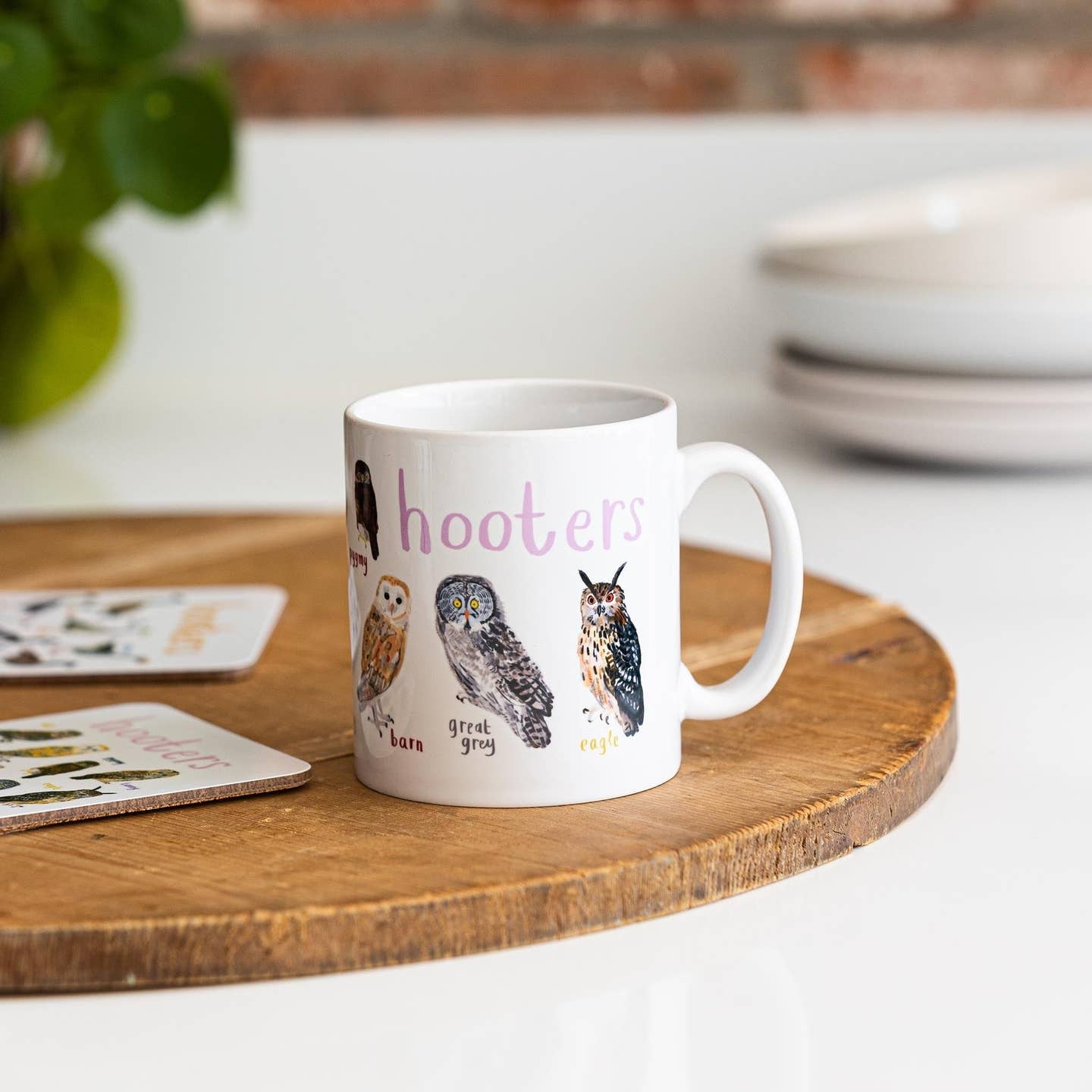 A white mug with owl illustrations. The text 'Hooters' is printed over the illustrations along with text labelling each image. The mug sits on a wooden surface.