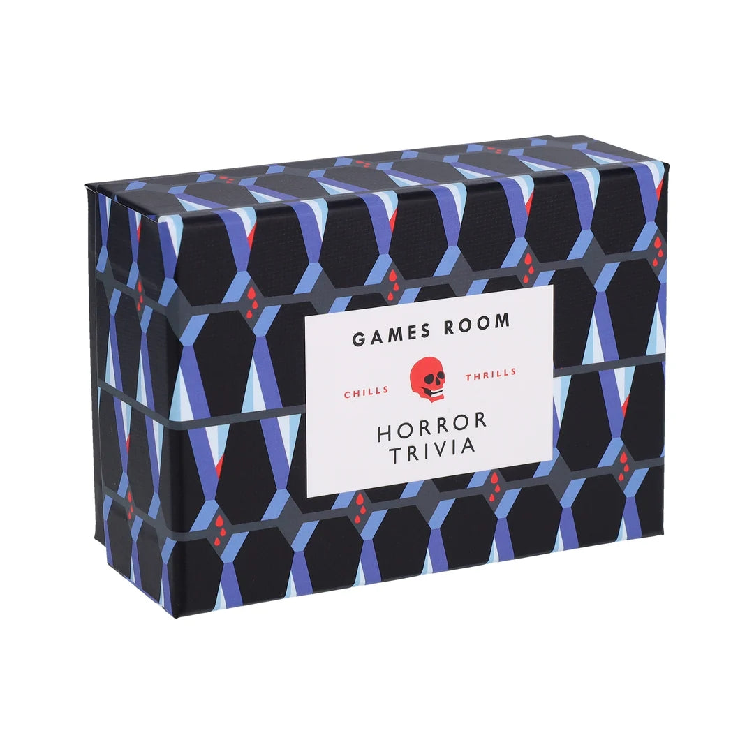 Box of 'Horror Trivia' game with geometric pattern on a white background.