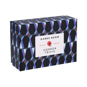 Box of 'Horror Trivia' game with geometric pattern on a white background.