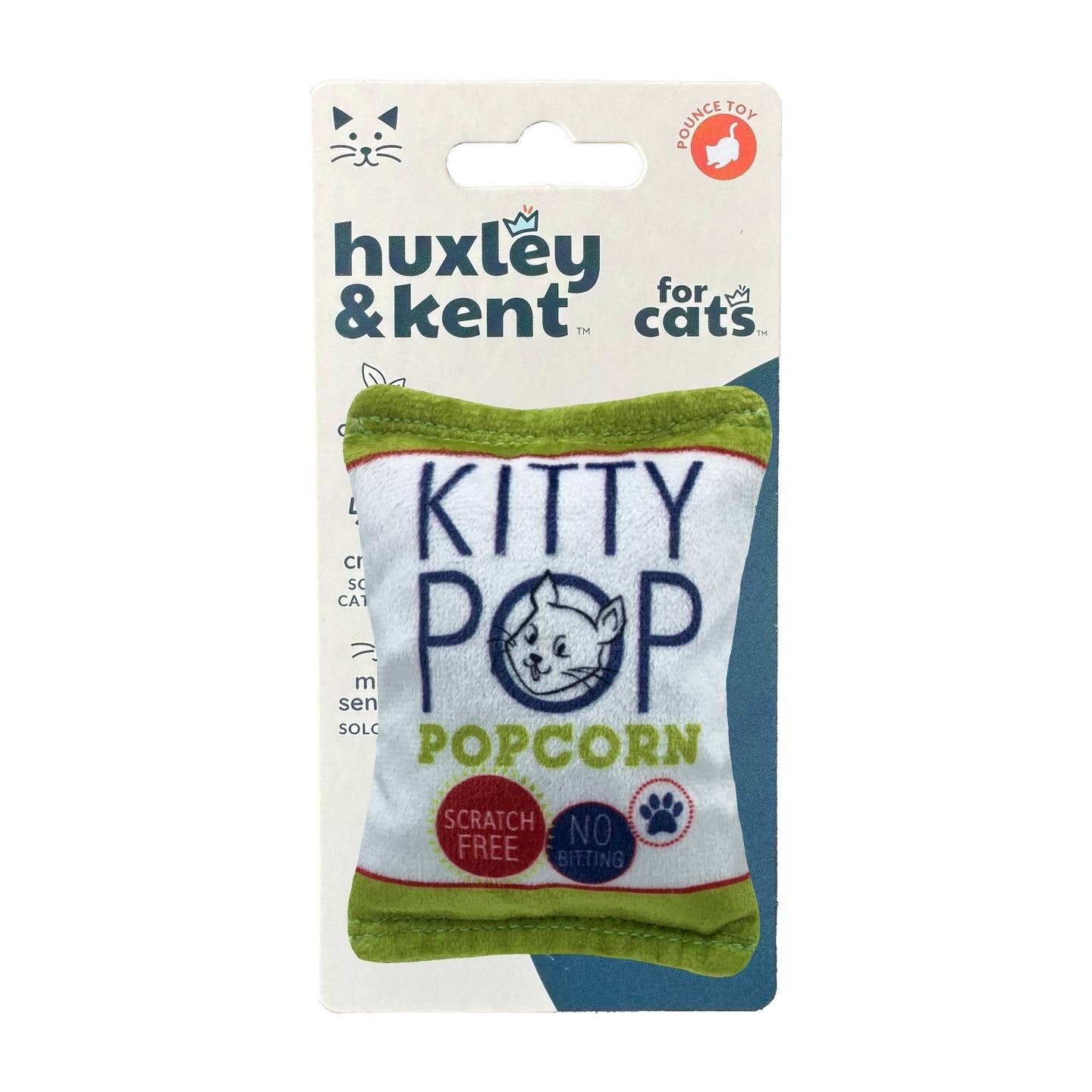 A novelty cat toy designed to look like a pack of Popcorn. The logo for 'Kitty Pop Popcorn' is printed at the top of the toy with an illustration of a cat pictured inside one of the letters. The text 'scratch free' and 'no biting' and a paw print are shown at the bottom of the toy. 