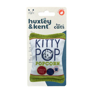 A novelty cat toy designed to look like a pack of Popcorn. The logo for 'Kitty Pop Popcorn' is printed at the top of the toy with an illustration of a cat pictured inside one of the letters. The text 'scratch free' and 'no biting' and a paw print are shown at the bottom of the toy. 