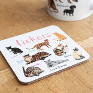 Coaster featuring illustrations of cats on a white background. Each cat is labelled, while the text 'Lickers' is printed on the top. The coaster sits on a wooden surface.
