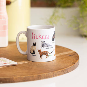 A mug with cat illustrations on a white background. The text 'Lickers' is printed over the illustrations along with text labelling each image. The mug sits on a wooden surface.