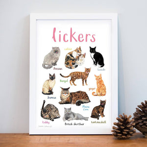 An image of a framed art print with labelled illustrations of cats. The text 'lickers' is printed on top of the images. The print stands on a wooden surface against a white wall.