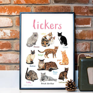 An image of a framed art print with labelled illustrations of cats. The text 'lickers' is printed on top of the images. The print stands on a white surface against a red brick wall background. 