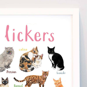 Close up image of a framed art print with labelled illustrations of cats. The text 'lickers' is printed on top of the images. 