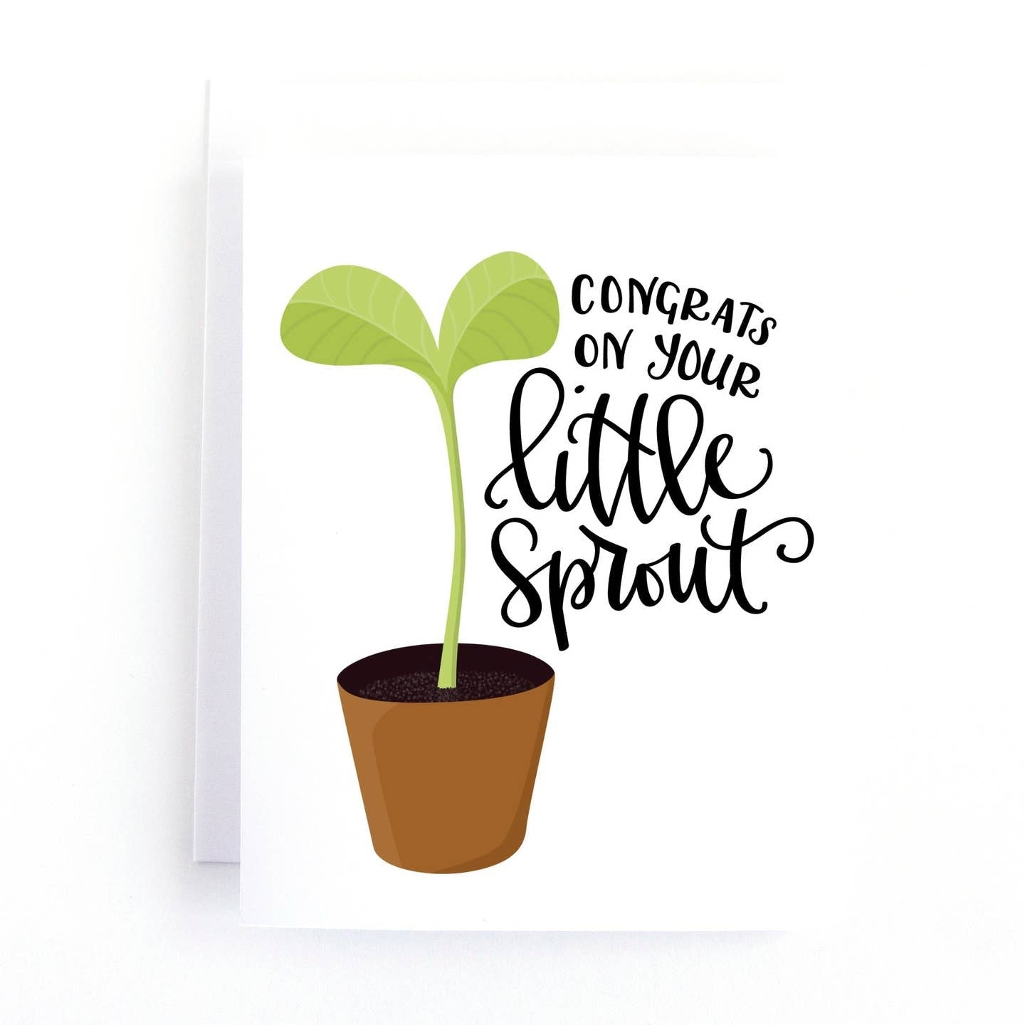 Greeting card featuring an illustration of a green sprout growing from a brown pot on a white background. The text 'Congrats on your little sprout' is printed beside the potted sprout. 