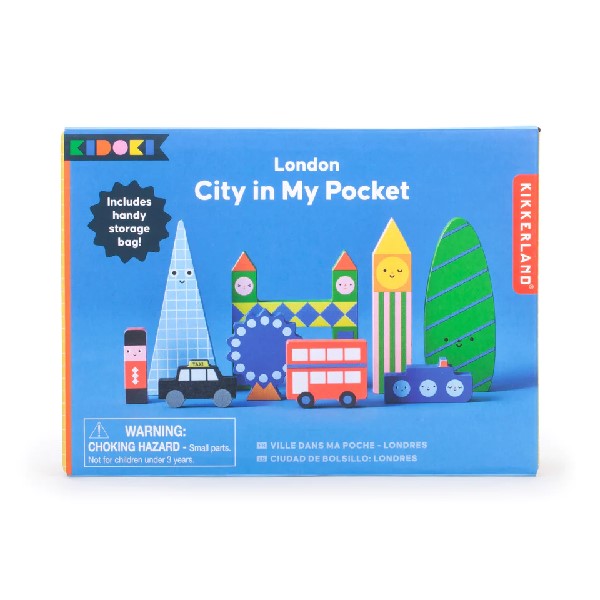 sky blue rectangular package on a white background. pictures on the box are smiling and winking colourful, London city-themed playing blocks. kikkerland product