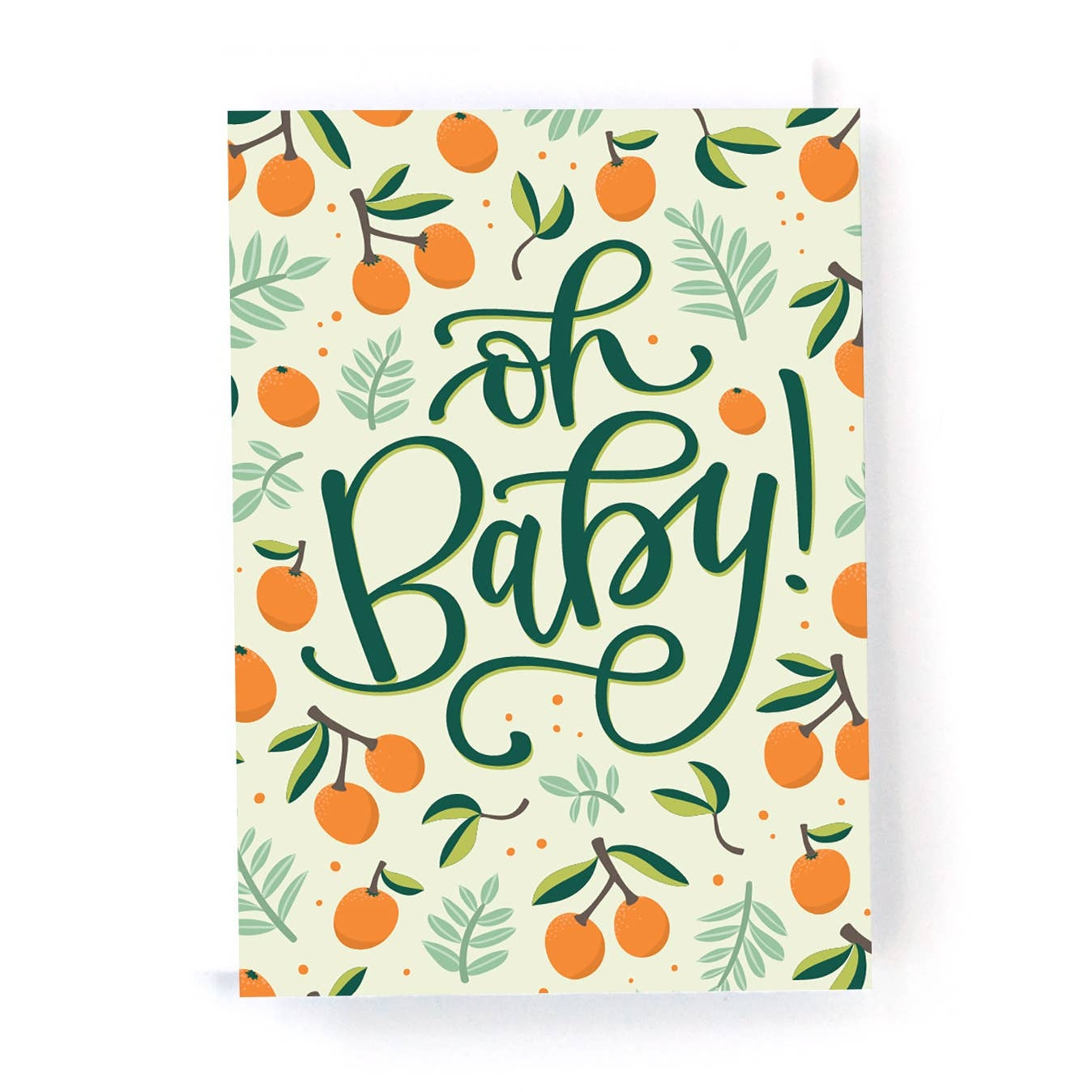 Greeting card featuring prints of oranges on a light coloured background. The text 'Oh Baby!' is printed across the card.