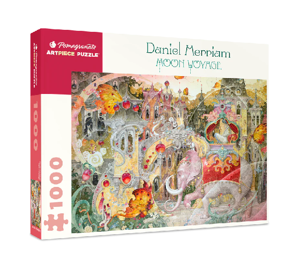 white puzzle box with pink accents. the centre of the box has an image of a fantastic scene with gold butterflies, old buildings, and a dressed elephant 