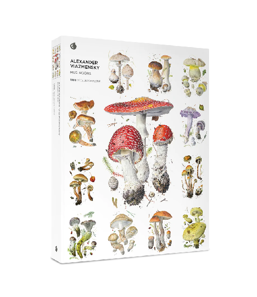 white puzzle box. the front is covered with a variety of mushrooms
