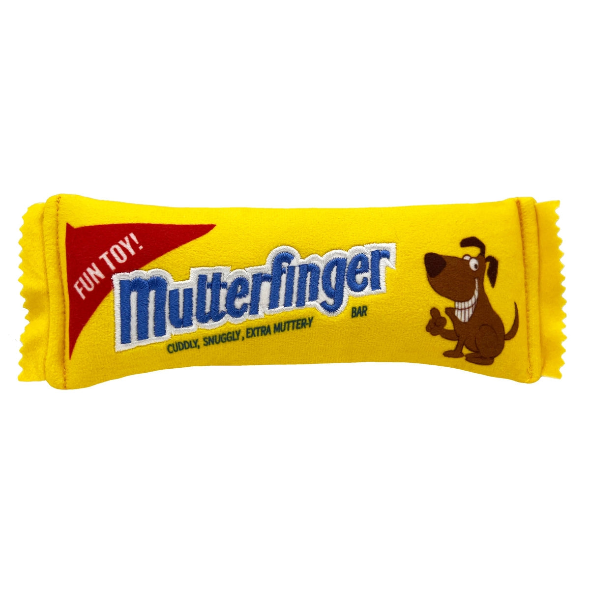 A yellow novelty toy designed to look like a bar of Butterfinger chocolate. The logo for 'Mutterfinger' is printed on the left side of the toy while an illustration of a grinning brown dog sits on the right side. The text 'Fun Toy!' is also printed on a red background in the left corner.