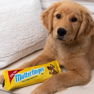 A yellow novelty toy designed to look like a bar of Butterfinger chocolate. The logo for 'Mutterfinger' is printed on the left side of the toy while an illustration of a grinning brown dog sits on the right side. The text 'Fun Toy!' is also printed on a red background in the left corner. The toy sits beside a golden retriever puppy.
