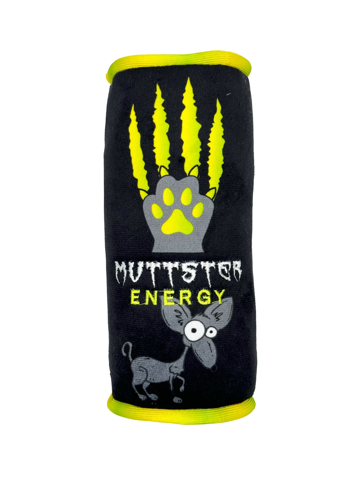 A black novelty toy designed to look like a can of Monster Energy Drink.  The logo for 'Muttster Energy' is printed on the centre of the toy. An illustration of a grey dog is pictured under the logo, while a paw and neon yellow scratch marks sit above it.