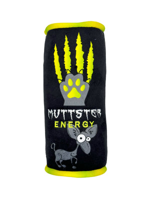 A black novelty toy designed to look like a can of Monster Energy Drink.  The logo for 'Muttster Energy' is printed on the centre of the toy. An illustration of a grey dog is pictured under the logo, while a paw and neon yellow scratch marks sit above it.