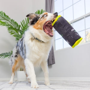Image of a dog playing with a black and neon yellow toy in the style of a can of drink. 