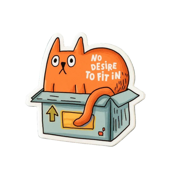 A vinyl sticker featuring an illustration of an orange cat sitting inside a light blue box. The text 'no desire to fit in' is printed on the cat. The sticker sits on a white background. 