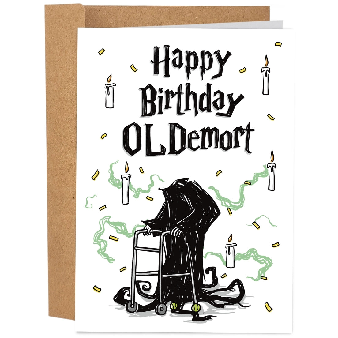 Greeting card featuring an illustration of a headless figure wearing a black cloak and holding a walking frame, surrounded by floating candles and green fog. The text 'Happy Birthday Oldemort' is printed on a white background.