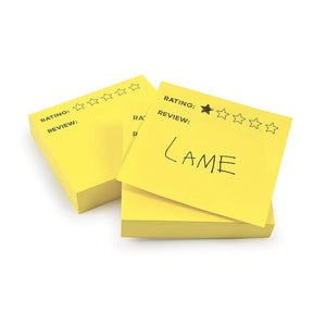 Yellow sticky notes with star ratings and text on a white background