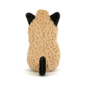 Back view of a brown plush peanut shaped toy with black cat ears and a tail on a white background. 