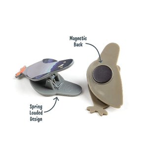 Image of two pigeon-themed magnetic bag clips on a white background. One is shown with the back facing forward, showing a magnetic back. The bag clips are labelled with the text 'Magnetic Back' and 'Spring Loaded Design'.