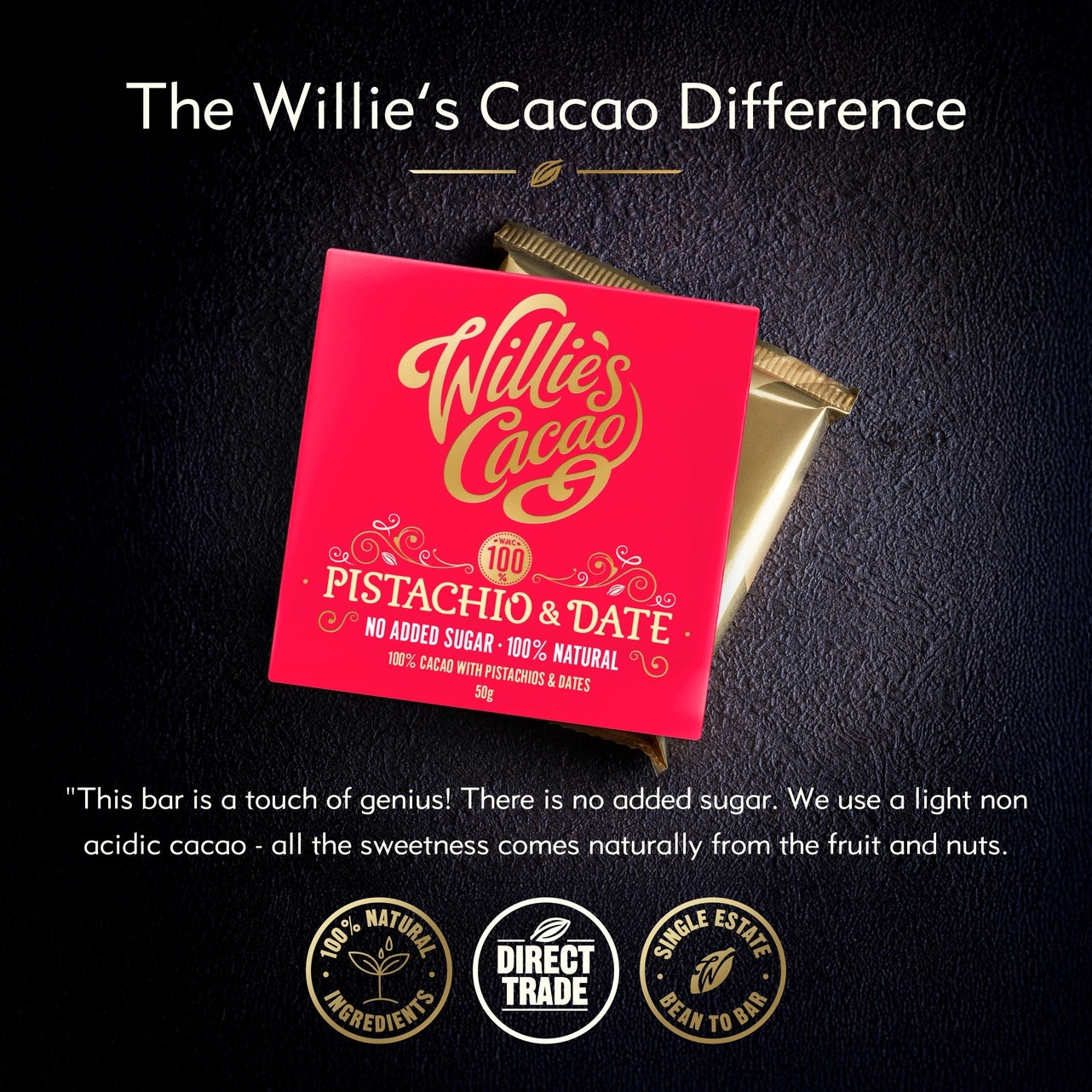 Willie's Cacao 50g Vegan Bar | Pistachio and Date