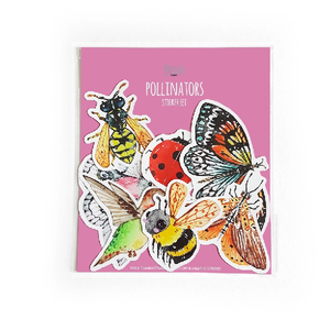 cute pollinators-themed sticker set including two moths, a bee, a hummingbird, and more.