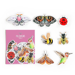 cute pollinators-themed sticker set including two moths, a bee, a hummingbird, and more.