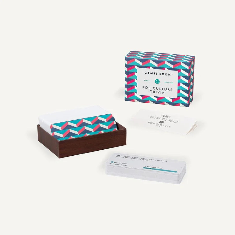 Pop culture trivia game packaging with geometric design on a white background.