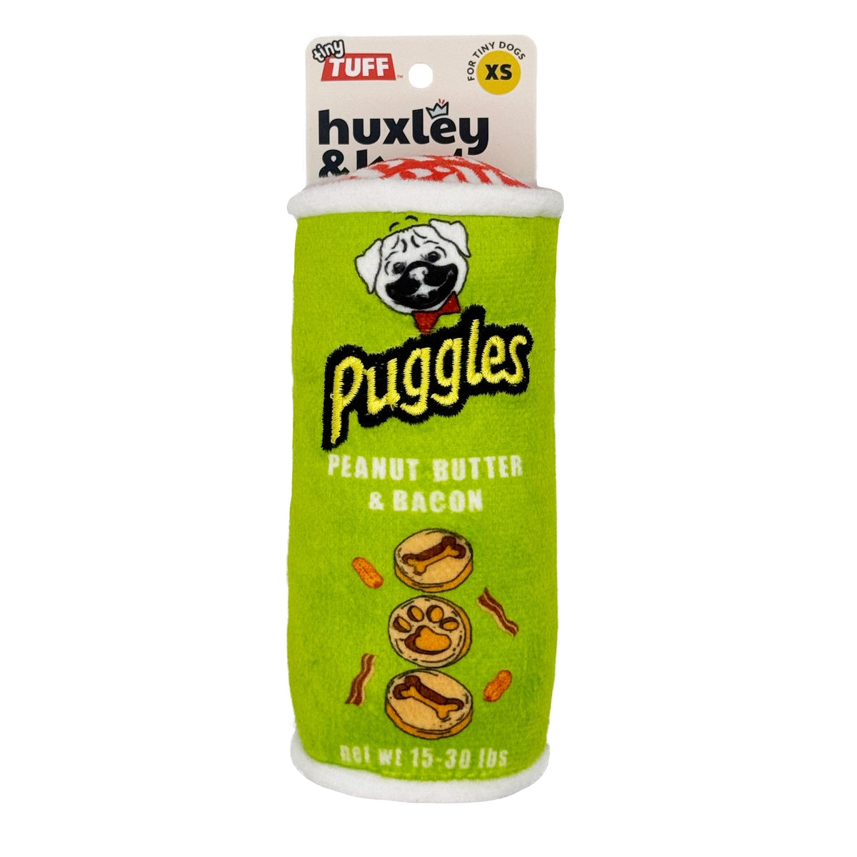 A green novelty toy designed to look like a container of Pringles.  The logo for 'Puggles' is printed at the top of the toy. An illustration of a pug dog is pictured over the logo, while some images of dog treats, bacon strips and peanuts are shown under the logo. The text 'Peanut Butter & Bacon' is also shown under the logo. 