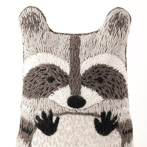 Close-up of an embroidered raccoon plush toy with grey, black and white thread detailling against a plain white background.