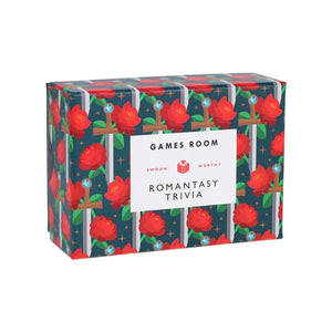 Box with an abstract print featuring roses and swords and the text  'Romantasy Trivia' on a white background.