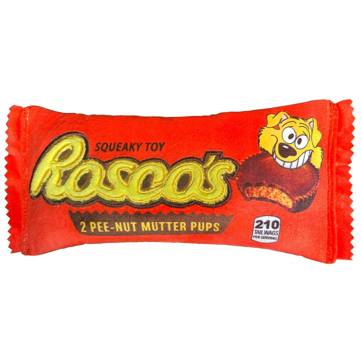 A red novelty toy designed to look like a pack of Reeses Peanut Butter Cups. The logo for 'Rosco's' is printed on the centre of the toy while an illustration of a yellow dog eating a peanut butter cup is printed on the right side. The text '2 pee-nut mutter pups' and '210 tail wags per serving' is also printed on the toy. 