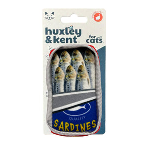 A cat toy designed to look like a tin of sardines.  The text 'Sardines' is printed at the bottom of the toy. 