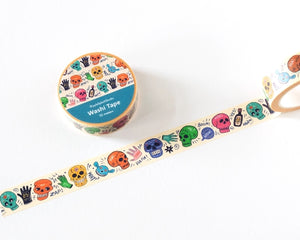 Colorful washi tape with skull designs on a white background.