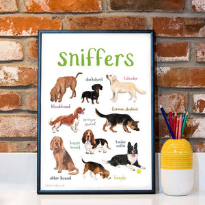 An image of a framed art print with labelled illustrations of dogs. The text 'sniffers' is printed on top of the images. The print stands on a white surface against a red brick wall background. 