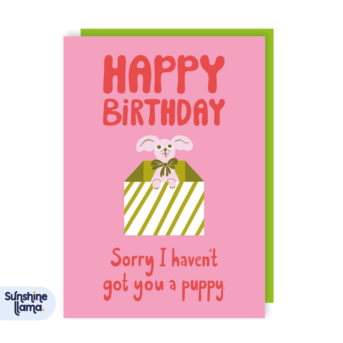 Greeting card with an illustration of a gift box containing a puppy with the text 'Happy Birthday' and 'Sorry I haven't got you a puppy' on a pink background.