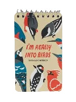 A spiral-bound notebook with bright bird illustrations on a beige background. The text 'I'm Really Into Birds' is printed in the centre. 