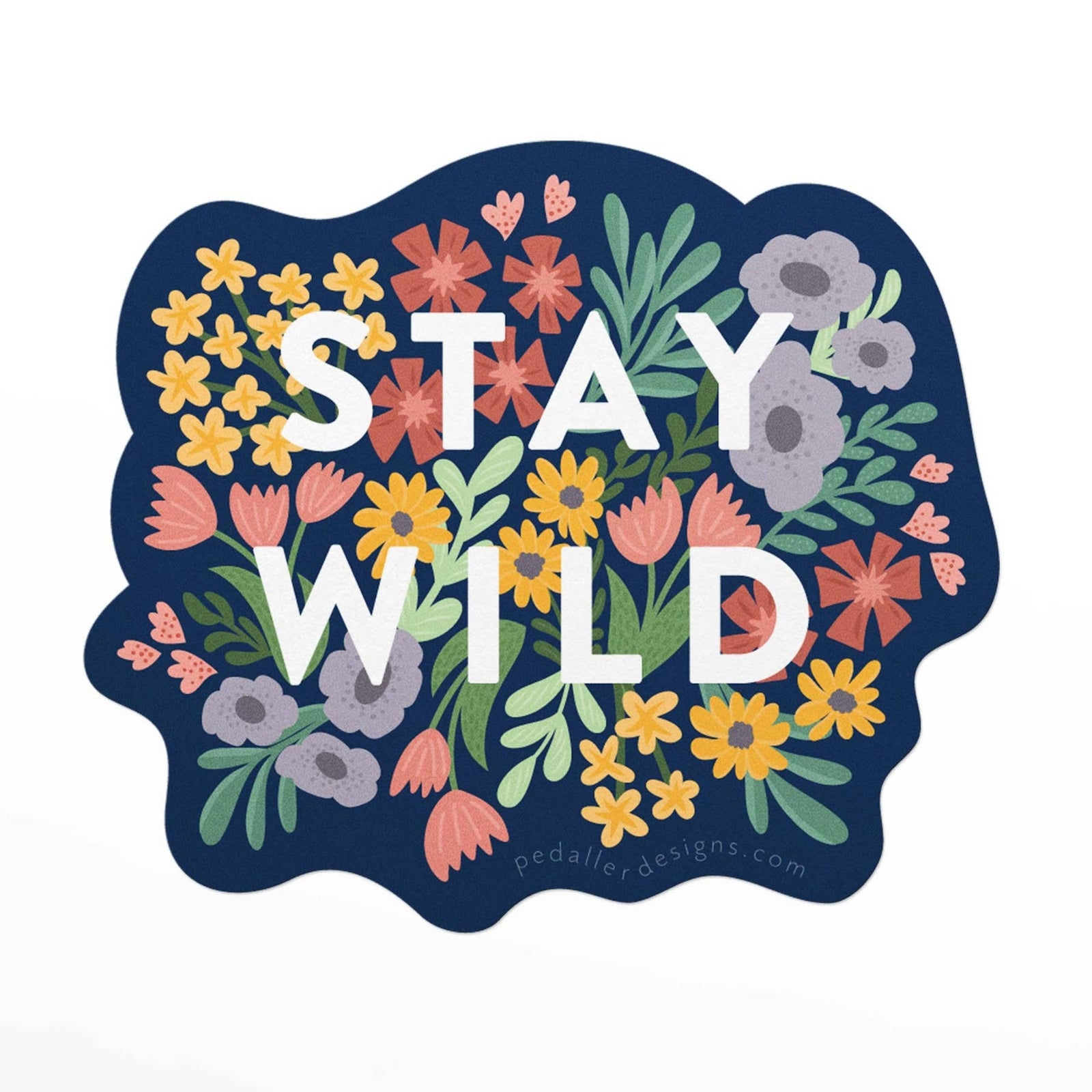 Sticker featuring a colourful botanical illustration on a dark blue background. The text 'STAY WILD' is printed on top. 