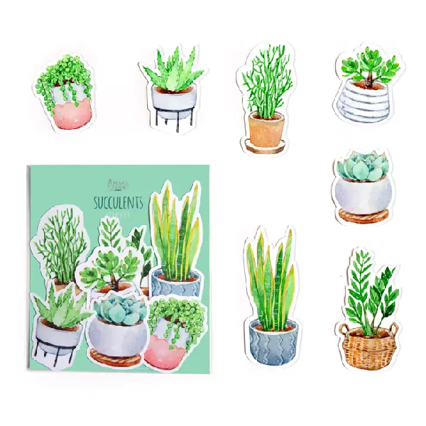 cute succulents-themed sticker set including a snake plant, an aloe, a pencil cactus, and more.