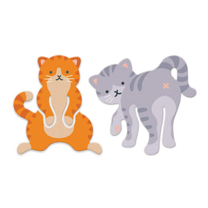 Image of two cat-shaped bookmarks on a white background. One is orange with stripes, while the other is grey with stripes. 