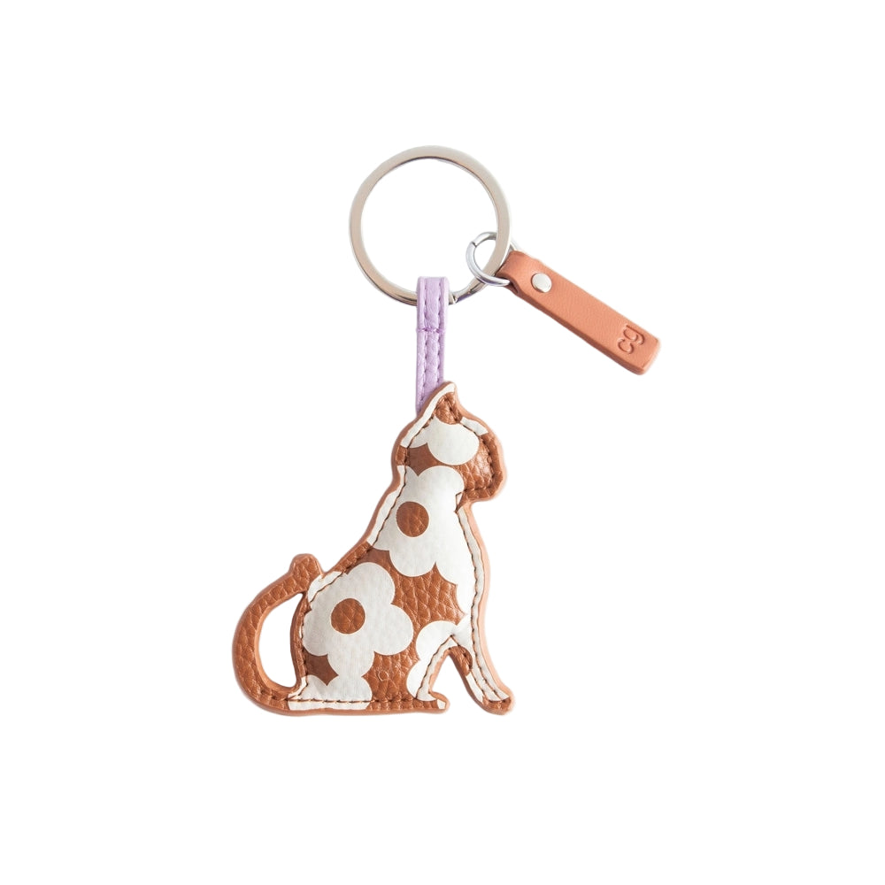 Tan And Cream Floral Cat Keyring
