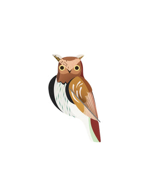3D owl wall art crafted from recycled cardboard and printed with vegetable-based inks on a white background. The owl has Brown and white colouring and is on a white background.