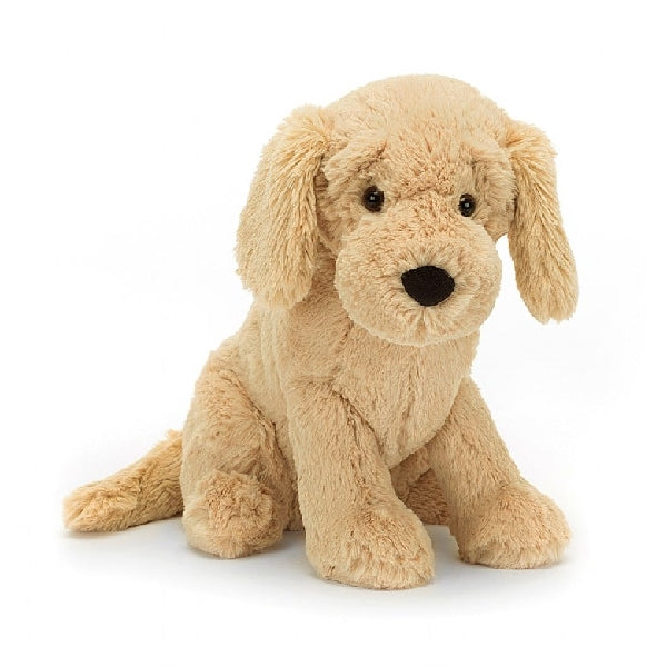 adorably soft plushie of a sitting golden retriever by popular brand Jellycat.