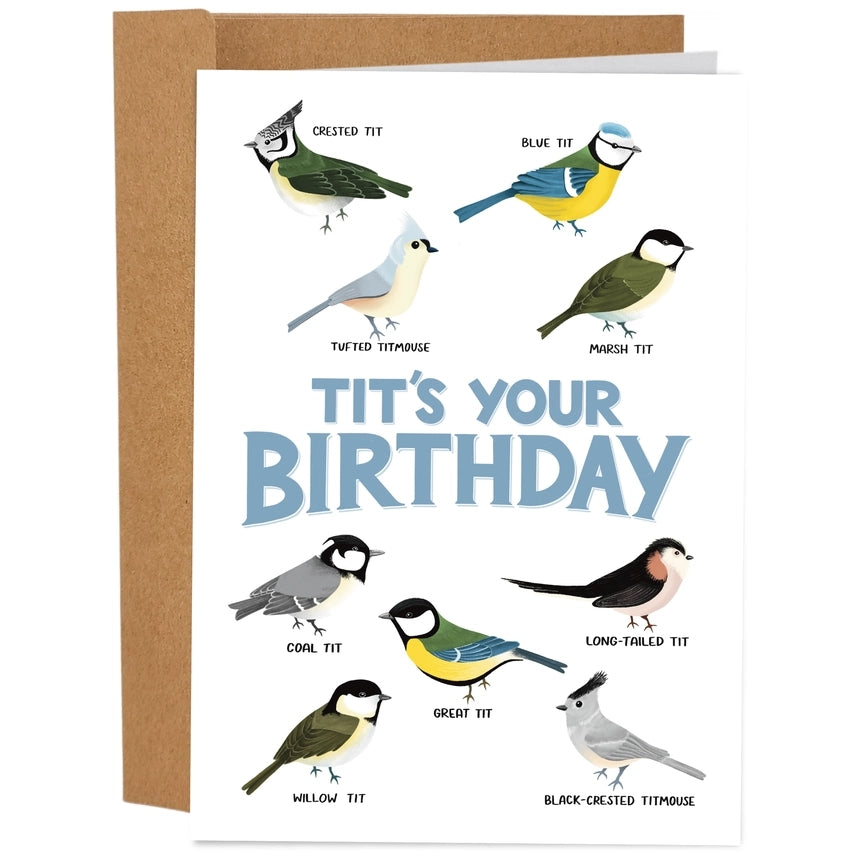 Greeting card featuring illustrations of different bird species on a white background. Beside each bird is a label, while big text in the centre of the card reads 'Tit's Your Birthday'.