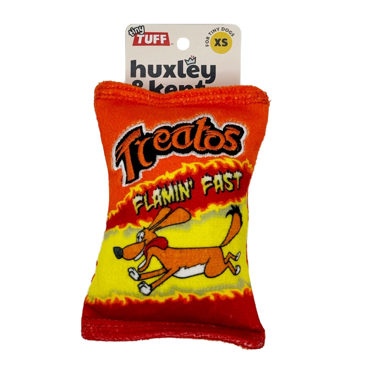 An orange, red and yellow novelty toy designed to look like a pack if Cheetos chips.  The logo for 'Treatos' is printed at the top of the toy. An illustration of a dog running with it's tongue sticking out is pictured under the logo, along with the text 'Flamin Fast'.