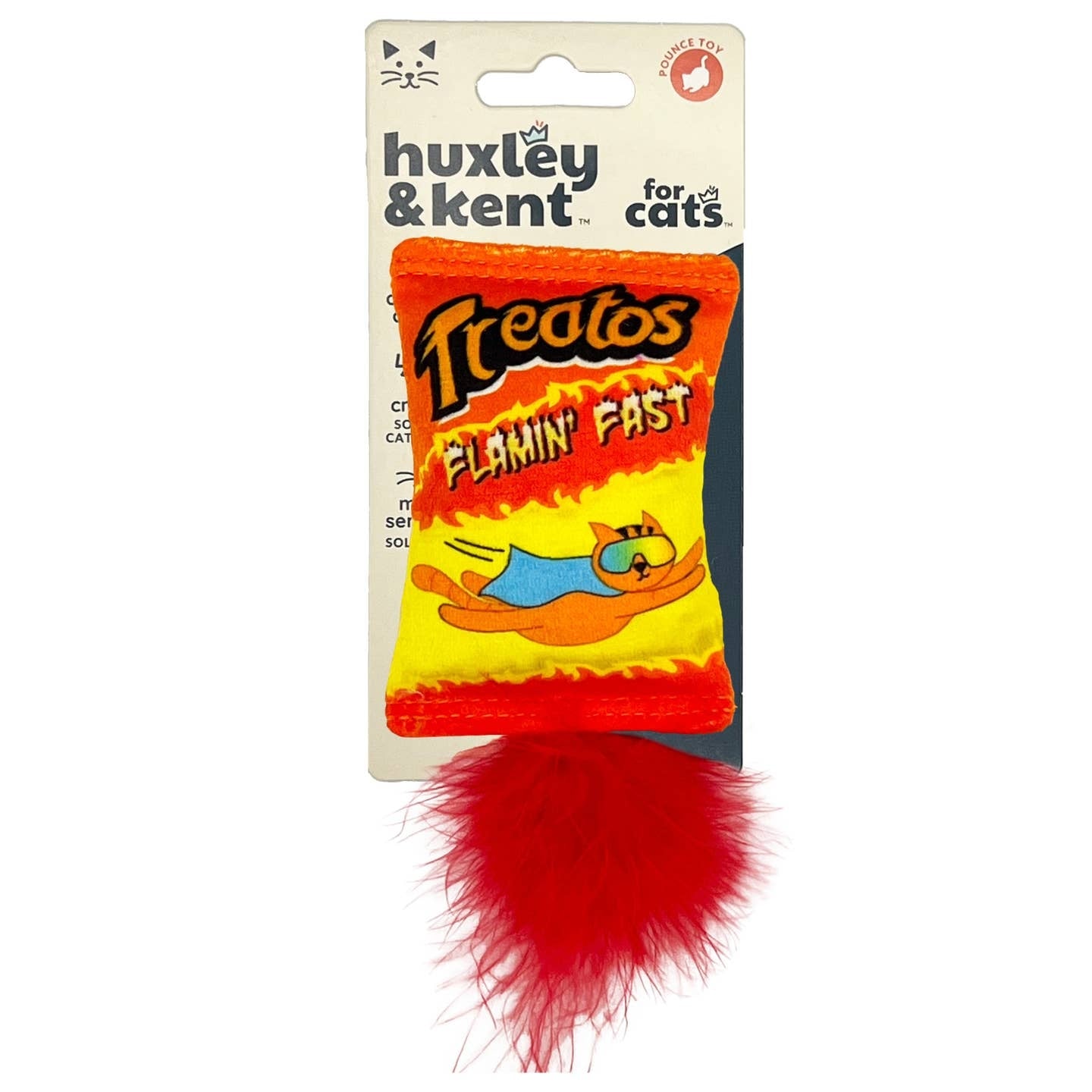 An orange, red and yellow novelty cat toy designed to look like a pack of Cheetos chips.  The logo for 'Treatos' is printed at the top of the toy. An illustration of a flying cat wearing a cape and glasses is pictured under the logo, along with the text 'Flamin Fast'. A red fluffy ball is attached to the bottom of the toy.